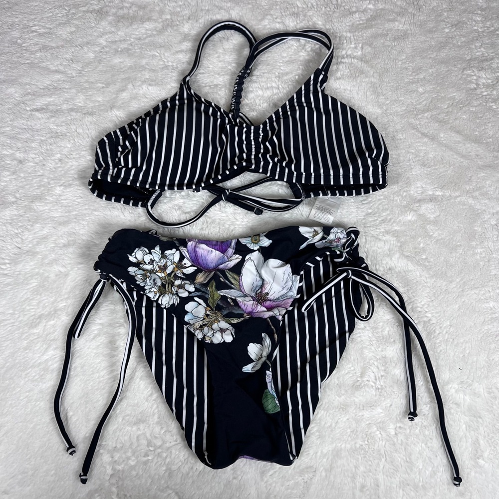 Cupshe Womens XS Floral Striped Bikini Set Black White Purple ADI4007G NEW